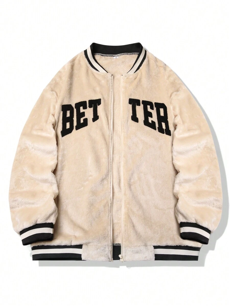 Manfinity Lỏng lẻo phù hợp Nam Lá thư In Sọc trang trí Thả vai 	
Fuzzy Áo khoác bomber - Màu Khaki - Xem 1