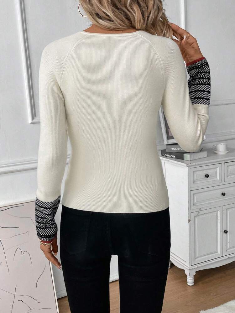 Women'S Geometric Splicing Raglan Sleeve Sweater