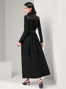 Modelyn High Neck PU Leather Yoke Belted Modest Long Sleeve Dress