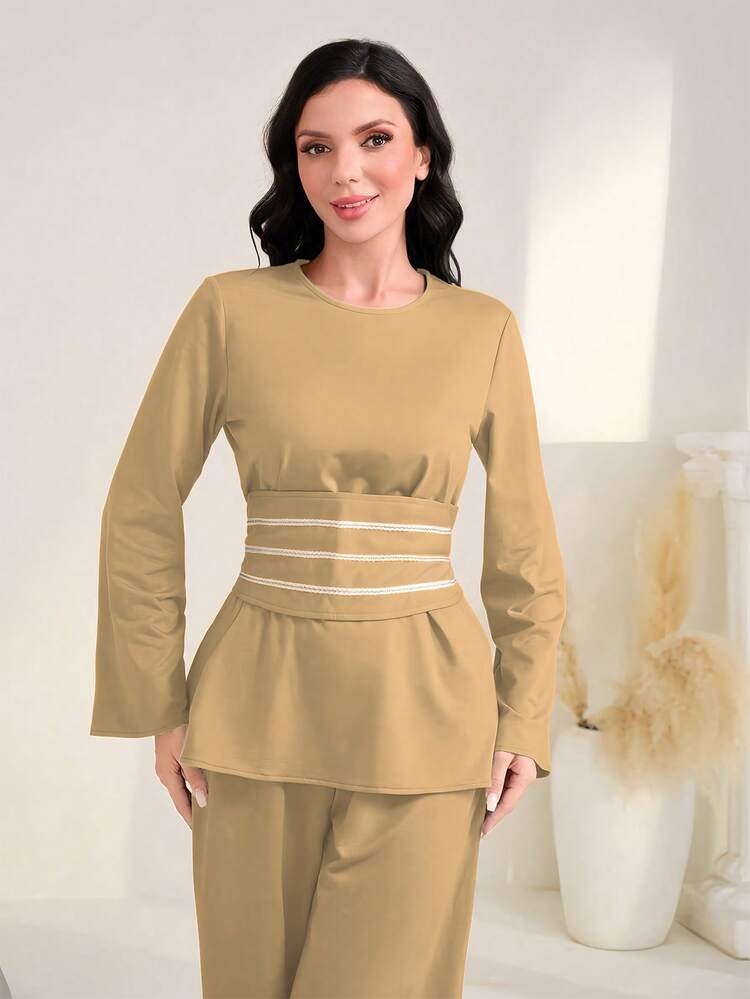 Flounce Sleeve Peplum Waistband Blouse & Wide Leg Pants