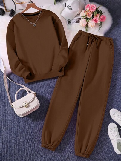 INAWLY Solid Sweatshirt & Drawstring Waist Sweatpants
