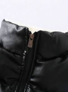 Manfinity Hypemode Men's Letter Patched Zipper Closure Pu Leather Oversized Padded Coat (No Shirt), Going Out Warm Casual Winter Coat, For Friends, Husband, Boyfriend Gifts, Men Winter Jacket, Men Outerwear - Black - View 4