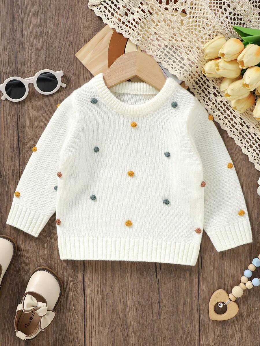 Baby Girl Pom Pom Detail Sweater - White - View 1