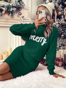 SHEIN Clasi Đồ họa Chữ cái Áo cao cổ Thả vai Đầm Áo len - Màu xanh lá cây đậm - Xem 4