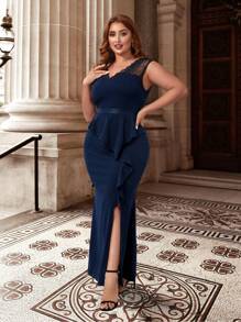 CurvySweet Trang phục phù dâu cho phụ nữ Plus Tương phản ren Dây kéo Tách cao màu trơn - Màu xanh hải quân - Xem 1