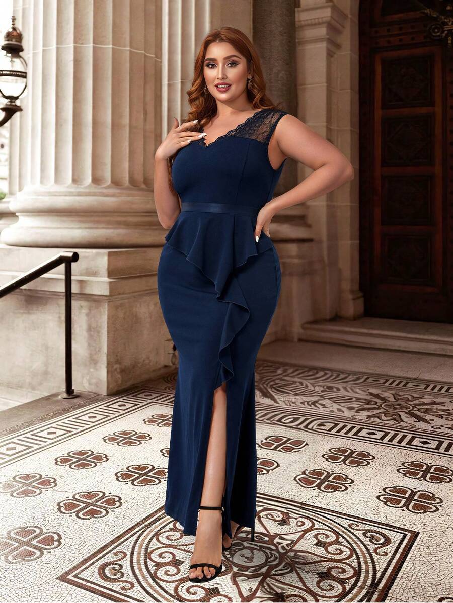 CurvySweet Trang phục phù dâu cho phụ nữ Plus Tương phản ren Dây kéo Tách cao màu trơn - Màu xanh hải quân - Xem 1