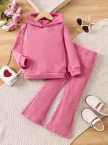SHEIN 女小童素色連帽衫和喇叭褲 - 玫紅色 - 查看 1