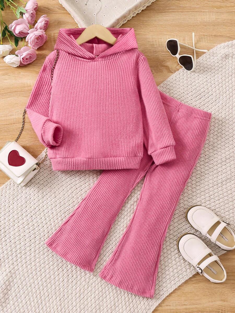 SHEIN 女小童素色連帽衫和喇叭褲 - 玫紅色 - 查看 1