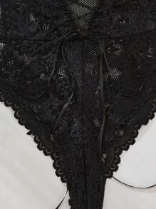 Body de lencería con aplicaciones de encaje floral, body de lencería lindo, body de lencería transparente y sensual - Negro - Ver 5