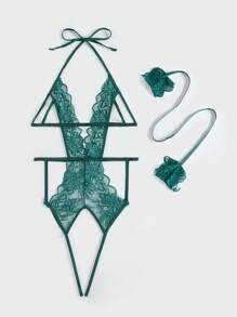 Exotic-Bondage Lace Crotchless Teddy Bodysuit & 1pair Hand Ring, Lingerie - Dark Green - View 9