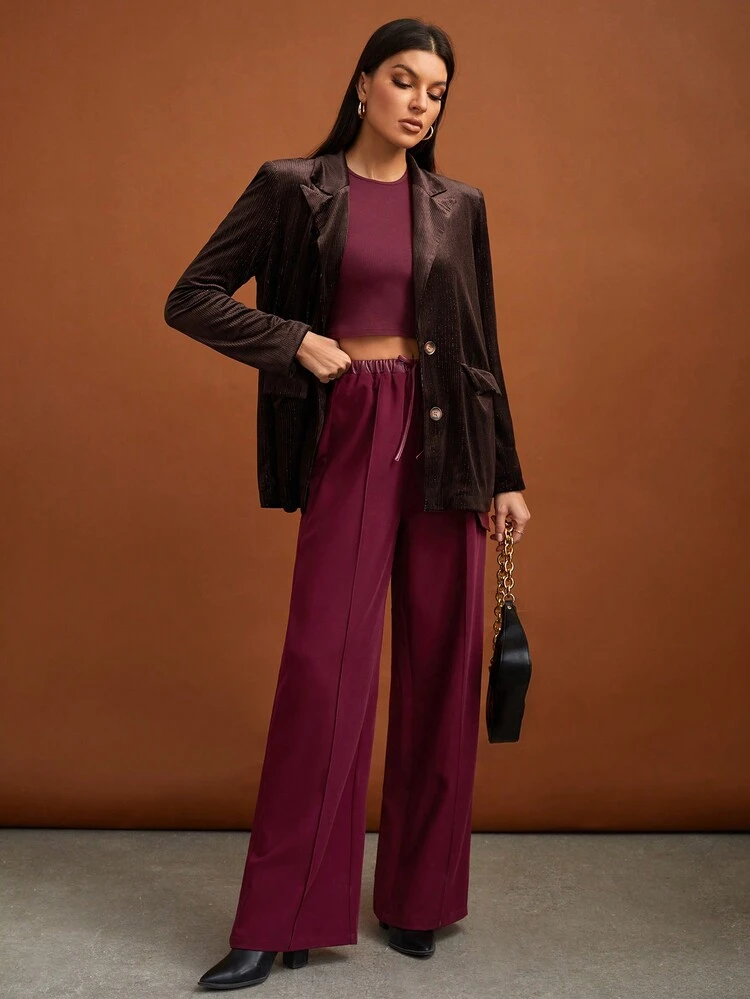 Drawstring Waist Flap Detail Wide Leg Pants