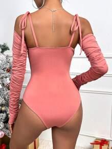 SHEIN Privé Tie Shoulder Ruched Bustier Bodysuit - Dusty Pink - View 2