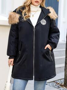 Calvaya 大码字母拼接毛绒装饰连帽加厚棉服外套冬季 - 黑色 - 查看 2