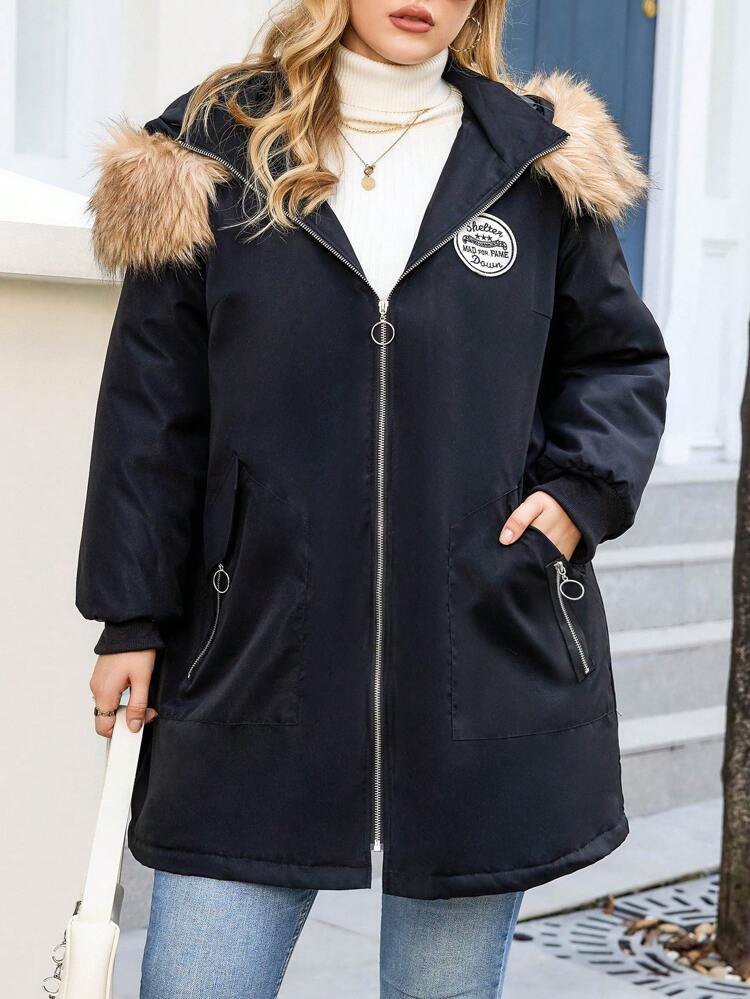 Plus Size Letter Patched Fuzzy Trim Hooded Padded Padded Coat Clothes Winter