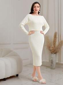 Mulvari Solid Ribbed Knit Sweater & Tank Knit Dress - Apricot - View 1