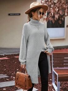 EMERY ROSE Turtleneck Drop Shoulder Split Hem Sweater Knit Pullover Fall Winter Outfit - Light Grey - View 3