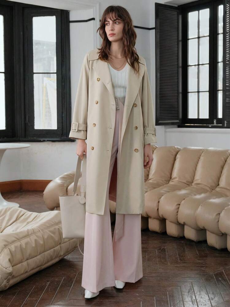 Double Breasted Raglan Sleeve Buckle Belted Trench Coat Fall Cloth For Women