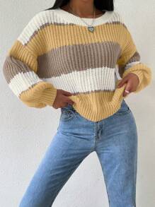 Chiquease 撞色落肩袖條紋針織套頭毛衣 - 彩色 - 查看 3
