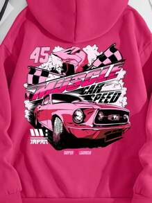 SHEIN EZwear 汽車和字母圖案抽繩加絨內裏連帽衫 - 玫紅色 - 查看 5