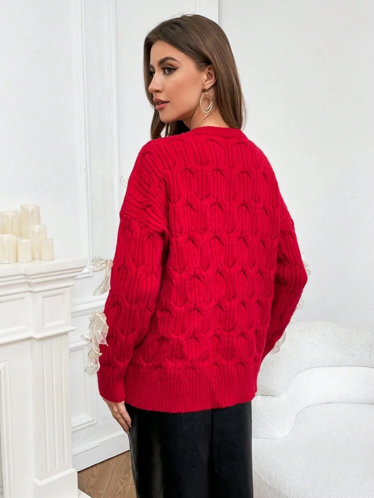 Bow Front Drop Shoulder Cable Knit Sweater