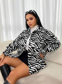 SHEIN EZwear Women's Plus Size Zebra Printed Buttoned Cardigan - Multicolor - View 1