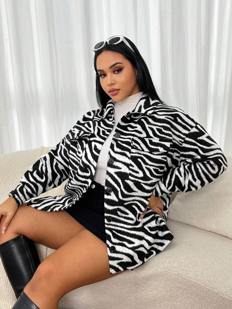SHEIN EZwear Women's Plus Size Zebra Printed Buttoned Cardigan - Multicolor - View 1