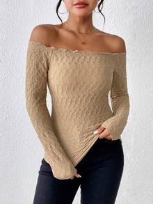 SHEIN Frenchy Off Shoulder Lettuce Trim Tee - Khaki - View 3