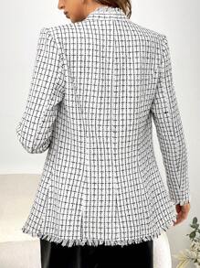 SHEIN Privé Plaid Pattern Raw Trim Open Front Tweed Overcoat - Black and White - View 2