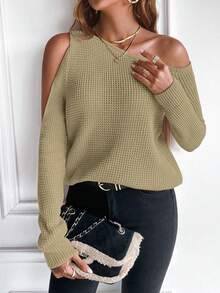 SHEIN Essnce 素色不對稱領肩部挖空套頭毛衣 - 卡其色 - 查看 3