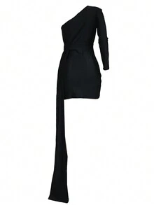 Fashion Slanted-Shoulder Asymmetrical Solid Color Dress Club Party - Black - View 3