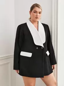 BizChic Plus Contrast Collar Flap Detail Overcoat - Black and White - View 6