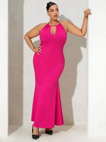 SHEIN SXY Talla grande Vestido con abertura delantera de espalda abierta con cordón de cuello halter bajo sirena - Rosa Fucsia - Ver 4