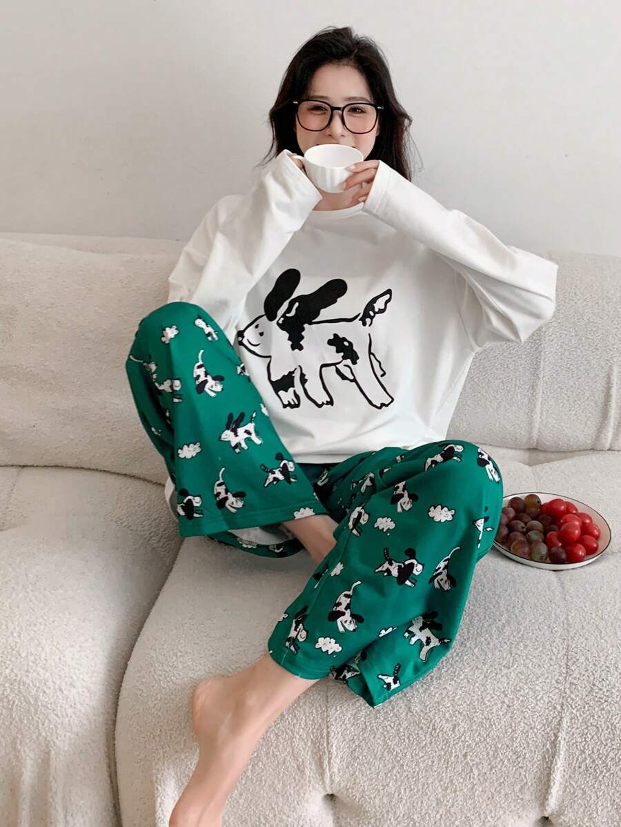 DAZY Cartoon Graphic Drop Shoulder Tee & Pants Lounge Set - White - View 1