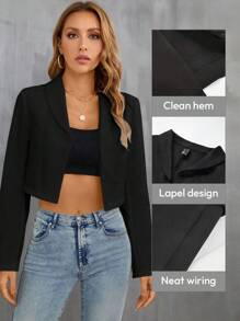 BizChic 女式薄翻领前开襟短款西装外套，基本款上衣，都市通勤简约时尚基本款商务休闲外套，秋冬办公室穿着 - 黑色 - 查看 7