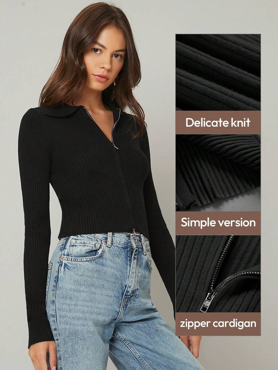 BizChic Solid Quarter Zip Ribbed Knit Top Workwear - Black - View 1