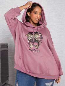 SHEIN CURVE+ 大码人像字母图案落肩抽绳卫衣 - 玫瑰紅 - 查看 5