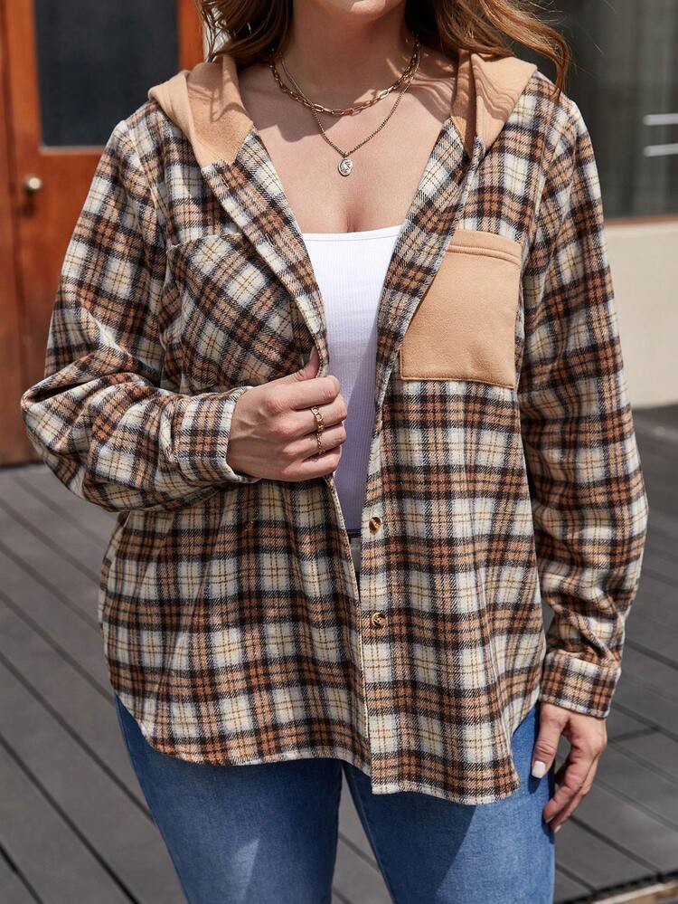 SHEIN LUNE Camisa Con Capucha Y Estampado De Cuadros De Talla Grande Para Mujer - Caqui - Ver 4