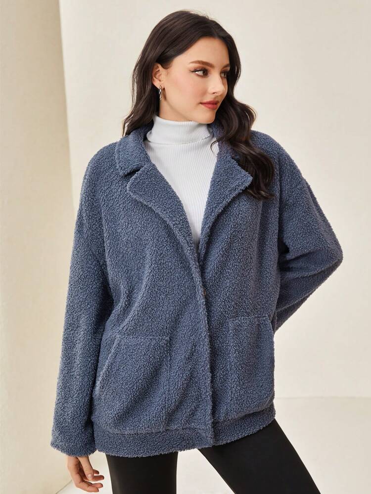 Drop Shoulder Pocket Patched Teddy Coat