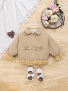 SHEIN Baby Girl Bow Front Flounce Sleeve Ruffle Hem Jacket - Khaki - View 1