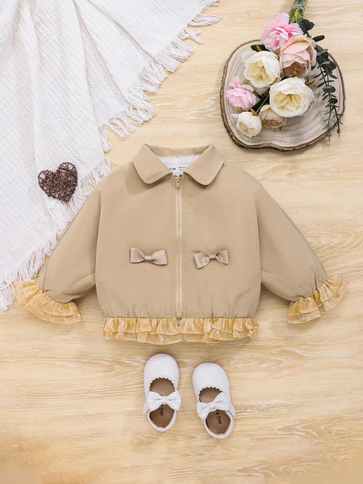 Baby Girl Bow Front Flounce Sleeve Ruffle Hem Jacket