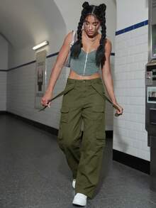 Pantalones cargo unicolor con cinturón - Verde militar - Ver 5