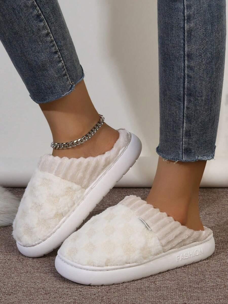 女士时尚舒适天鹅绒保暖防滑家居拖鞋 - 白色 - 查看 1