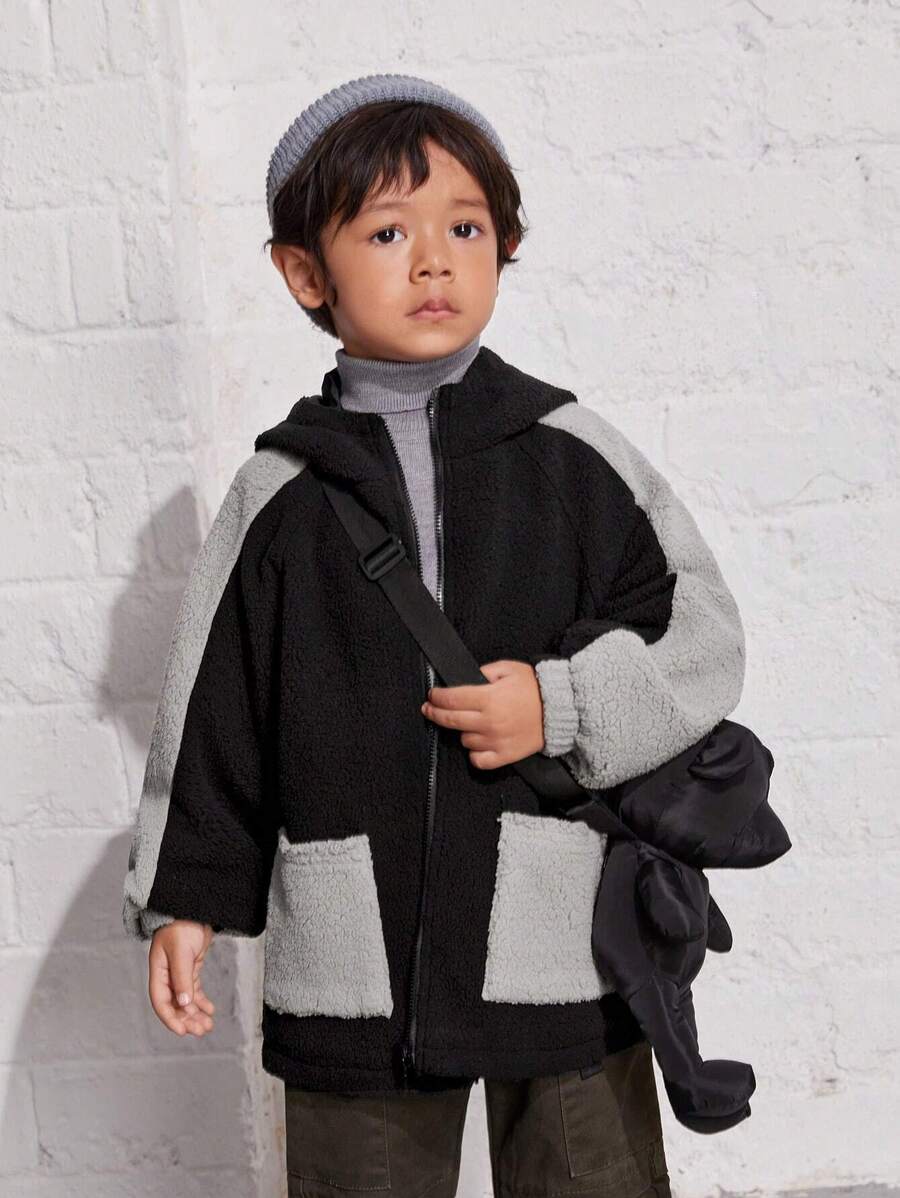 SHEIN Young Boy Two Tone Dual Pocket Drop Shoulder Teddy Coat - Black - View 1