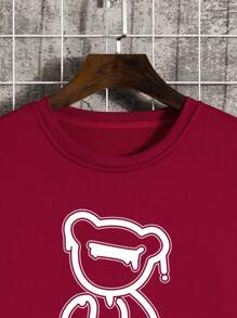 男士小熊印花加絨內裏運動衫 - 酒紅色 - 查看 3