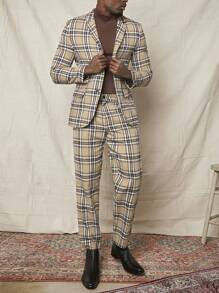 Manfinity VCAY 男士格子印花翻领西装外套，适合秋冬 - 彩色 - 查看 3