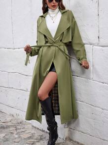 SHEIN LUNE 西裝領雙排釦腰帶風衣外套 - 軍綠色 - 查看 1