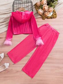 SHEIN Tween Girl Fuzzy Cuff Hooded Jacket & Pants for Christmas - Pink - View 2