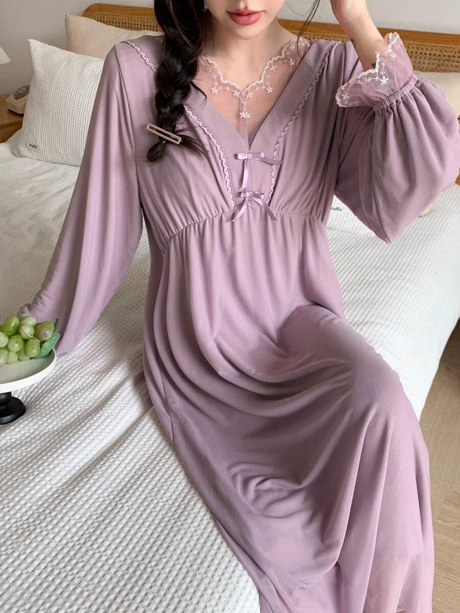 DAZY 女士鬆身睡裙,蕾絲拼接,前蝴蝶結裝飾 - 紫色 - 查看 1