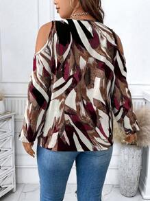 SHEIN Unity 大码露肩长袖灯笼袖半拉链衬衫 - 酒紅色 - 查看 2