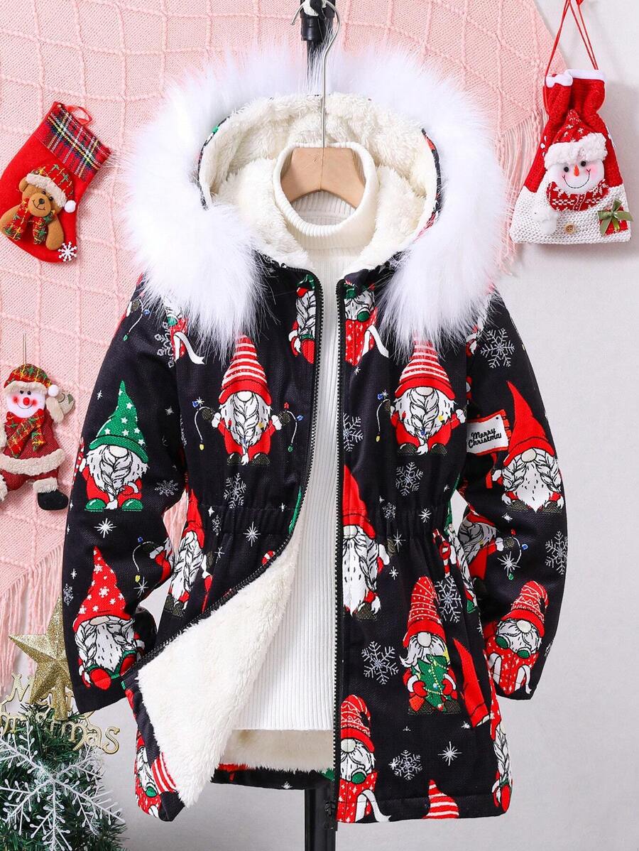 SHEIN Cô gái Tween 1 Miếng In Giáng sinh Trang trí Fuzzy Áo trùm đầu - Nhiều màu - Xem 1